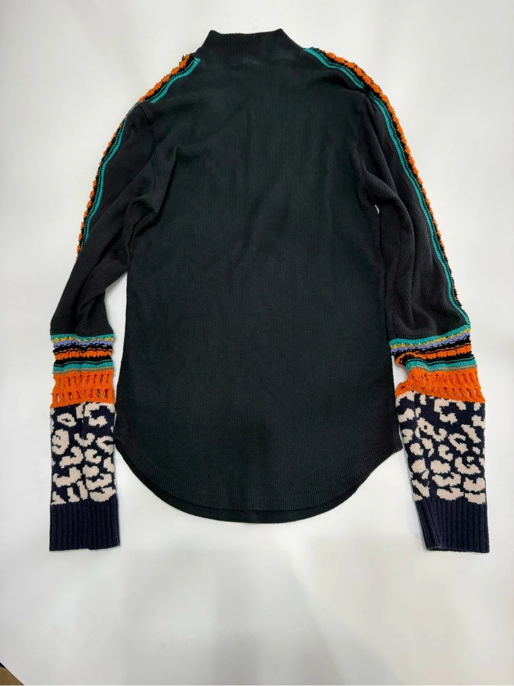 Free People Black Ribbed Long Sleeve Top with Multicolor Sleeve Stripes